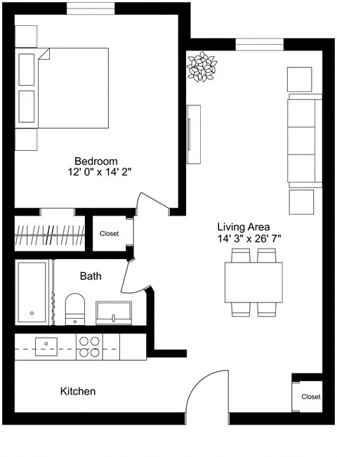 Floor plan for 1 bed, 1 bath, 711 sqft
